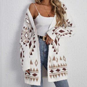 Boho Geo Print Open front Fuzzy Soft comfy Knit Sweater Cardigan